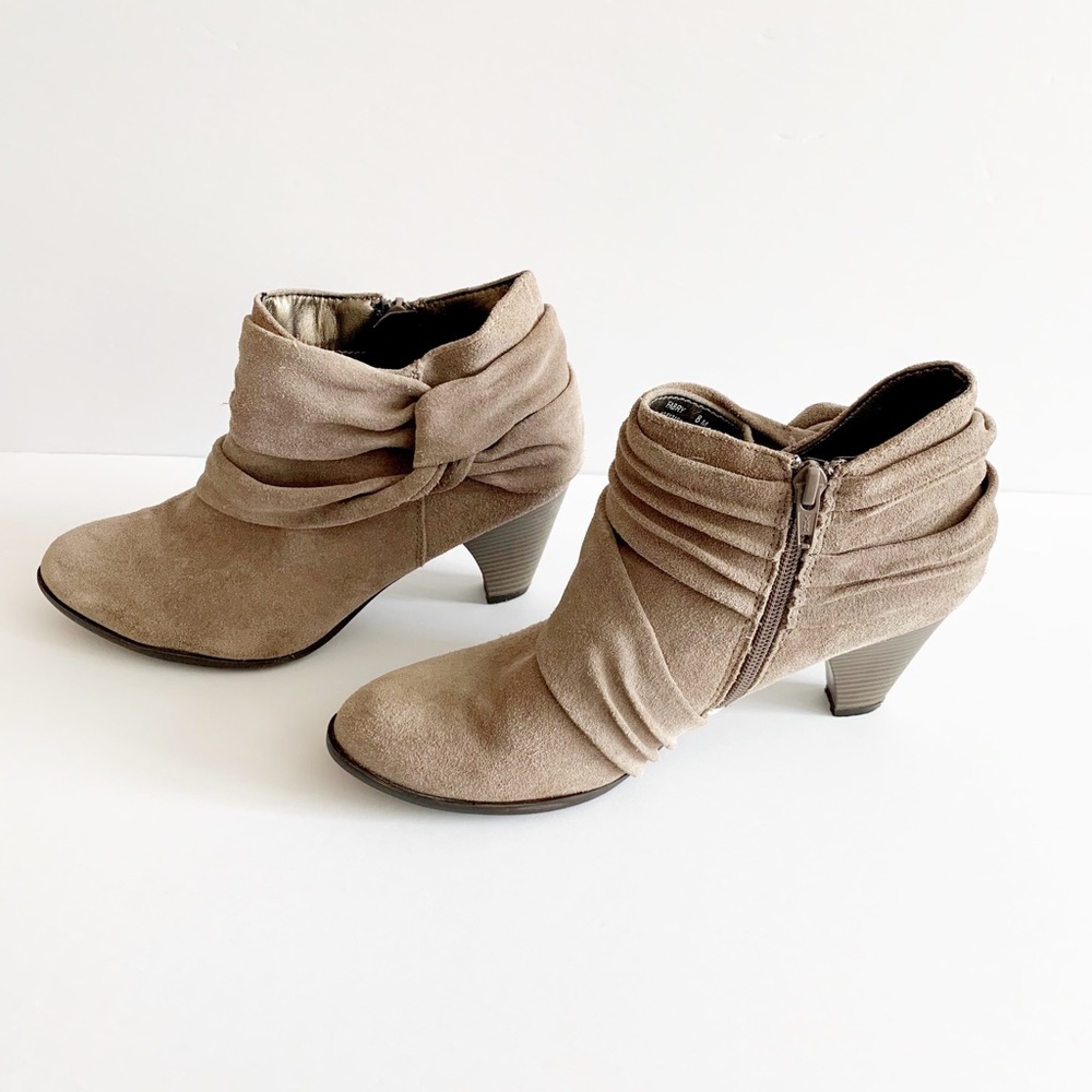 Andrew Geller Fabry Taupe Suede Side Zip Bootie.